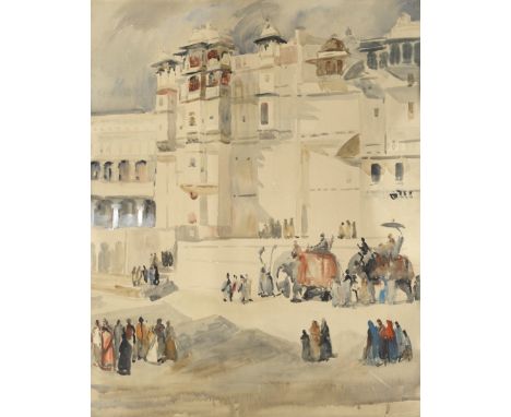 M.V. Bhave (Indian, 1917-1973)'Palace, Udaipur'titled (on exhibition label verso) watercolour on board 75.6 x 60.6cm (29 3/4 