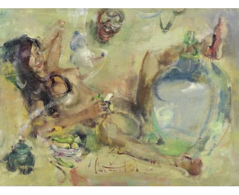 Antonio Blanco (Filipino, 1912-1999)Reclining nude with devil mask, large glass flask and bananassigned 'Antonio Blanco' (low