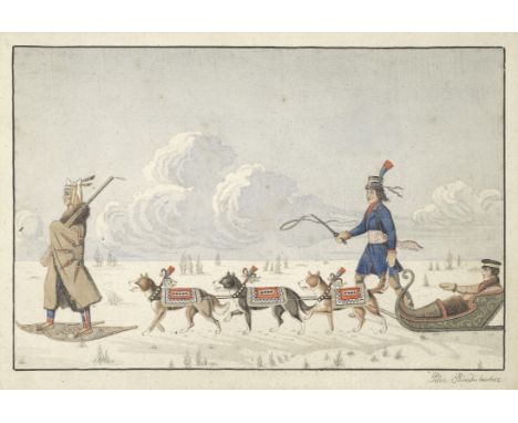 Peter Rindisbacher (Swiss born, Canadian/American, 1806-1834)A Gentleman Travelling in a Dog Cariole in Hudson's Bay with an 