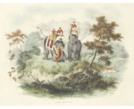 Sir Charles D'Oyly (British, 1781-1845)'Leopard Hunting'; and 4 other hunting sceneshand-coloured lithographs, laid down, win