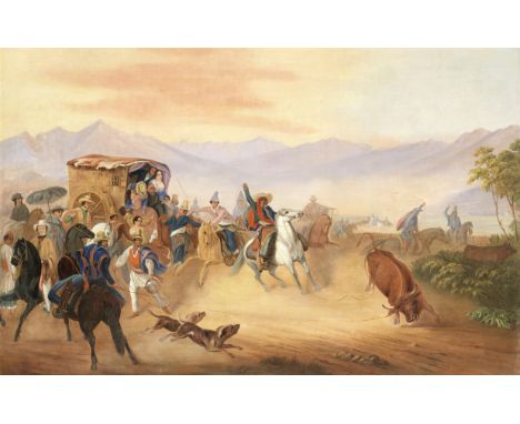 After Johann Moritz Rugendas, (German, 1802-1858)A lively procession with horseman lassoing cattle, the Chilean Andes beyond 