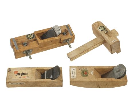 Three Japanese compass, block and chamfer planes and a slitting gauge G+ 