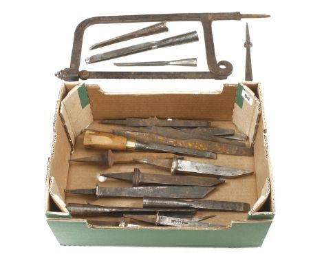 Various mortice chisels, turnscrews and a hacksaw for re-handling G 