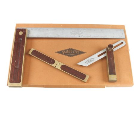Three little used BRIDGE CITY Tools; an AS14-12" adjustable try square in orig box, a TB2-7" adjustable bevel and an SS4-4" s