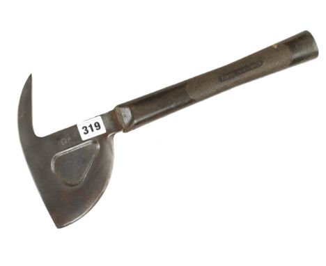 A WW11 bomber crash axe with rubber handle and various ordinance markings and unusual unpierced head G 