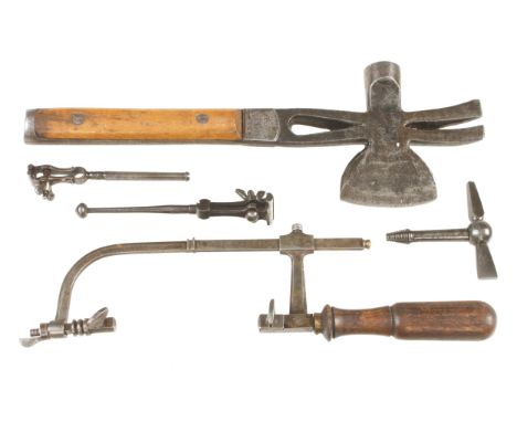 Two pin vices, a crate axe, jeweller's saw etc G+ 