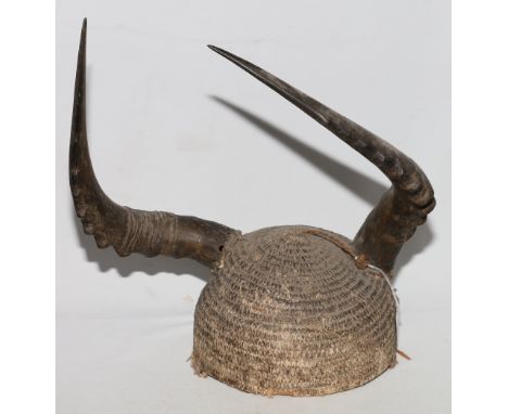 Democratic Republic of Congo, Kuba mask, possibly Mukenga, the face with paper and beaded decoration, cloth lining and to the