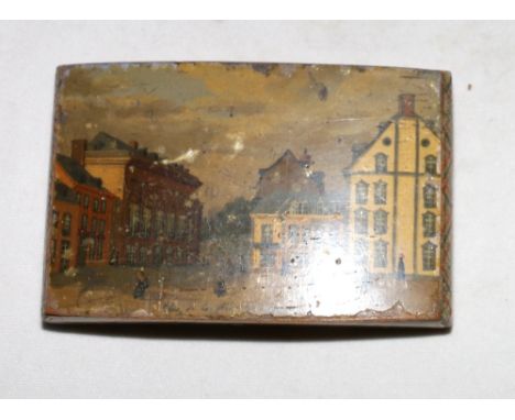 19th century French snuff box, the top decorated with figures in a street view and inscription Vue de la Ridoute a Sp**, the 