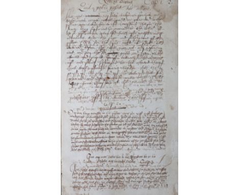 Law, MS, manuscript volume, 16th century contract law, etc CONDITION REPORT: Possible new end papers
Page 1 hole at bottom ri