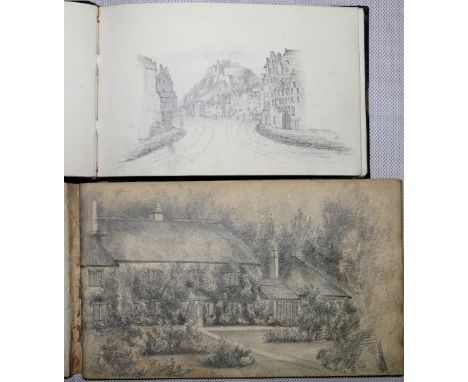 Early 19th century album of pencil sketches, poems etc, including a View of Edinburgh Castle from the Royal Mile, and a 19th 