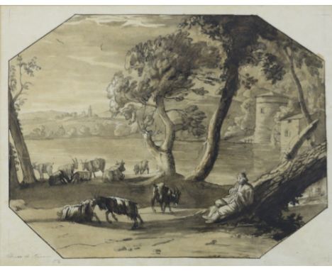 19TH CENTURY CONTINENTAL SCHOOL
Pen and ink sketch of shepherd playing a flute by a lake, signature to left, Claude le Corrai