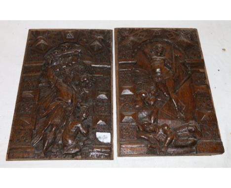 Pair of early carved oak panels depicting religious scenes within an elaborately carved arch CONDITION REPORT: Panel one and 