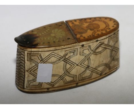 An oval 'Jacobite' style snuff box in bone with geometric incised decoration, horn base and lid, one half of the lid with a p