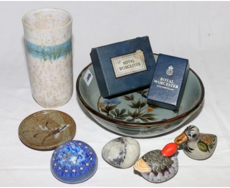 Group of modern ceramics, Royal Worcester coddlers, Highland stoneware dish, paperweight, etc