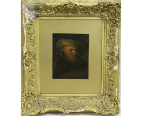 19th CENTURY DUTCH SCHOOL
After Rembrandt, portrait of a bearded man wearing at hat
Oil on panel, 15cm x 11.5cm CONDITION REP