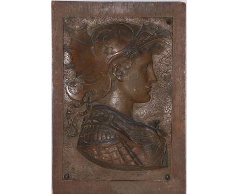 Bronzed relief metal panel of Arts and Crafts style of a classical figure, in armour and a helmet CONDITION REPORT: Actual pa