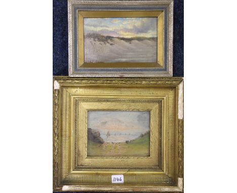 Oil seascape with monogram G.M 13cm x 17cm, and another beach scene similar, indistinct signature, 12cm x 20cm