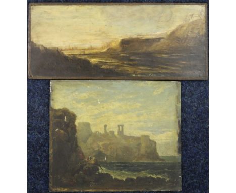 Two 19th century landscape scenes, both oil on board, a view of a castle with figures of a rocky path, pencil verso, P Nasmyt