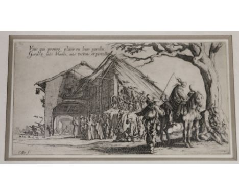 Engraving after Callot, 'Vous qui prenez plaiser en leurs parolles, 12.5cm x 23.5cm, and a pencil sketch of a woman, 30cm x 2