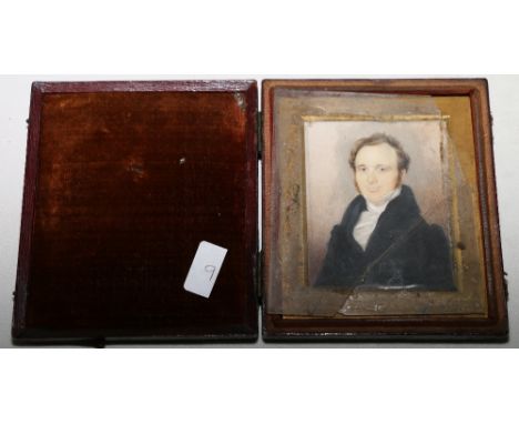 19th century portrait miniature on ivory of a gentleman in early 19th century dress, watercolour, gilded brass frame and leat