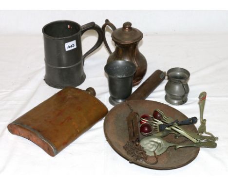 Box containing metalwork items including copper warming flask, pewter mug, scales, etc