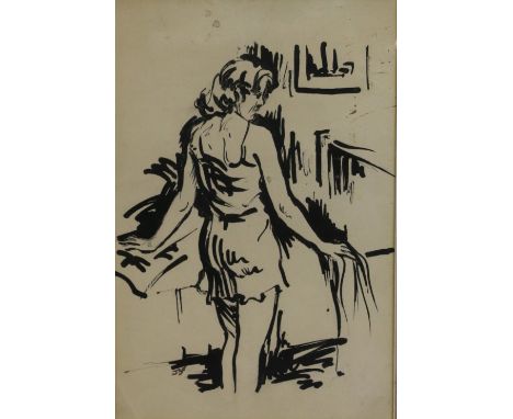 Manner of George Leslie Hunter
Three quarter length portrait of Mrs Sam McGredy
Ink, bearing another signature, 27cm x 17.5cm