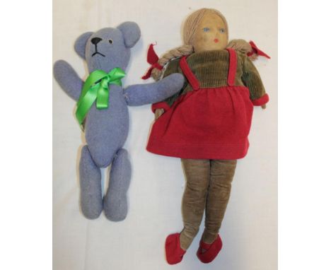 A Chad Valley cloth doll with painted face, 16" long and a blue plush teddy bear (2)