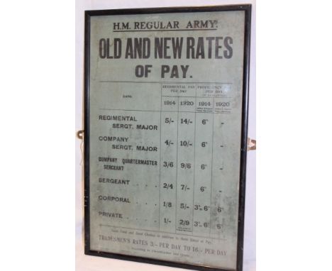 An original 1920 HM Regular Army poster "Old and New Rates of Pay" between 1914 and 1920 showing the pay for Privates to Regi