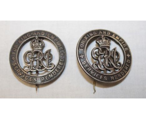 Two First War silver wound badges (No. B161861) awarded to Pte. S. E. G. Green Wiltshire Regiment and (No. 346079) awarded to