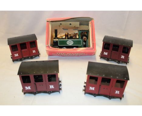 Mamod 0 gauge - live steam tank engine in original box together with four Mamod tin-plate coaches and accessories