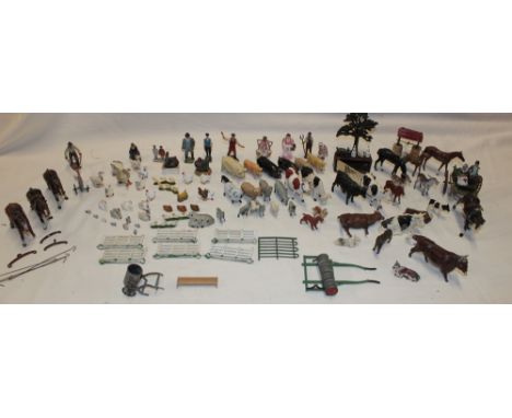 A selection of Britain's Limited farm animals, figures including farmer with horse drawn plough, two wheel cart and passenger