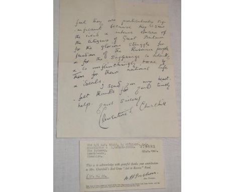 A 1942 letter from Constantine S. Churchill, 10 Downing Street as an acknowledgement for a contribution to Mrs. Churchill's R