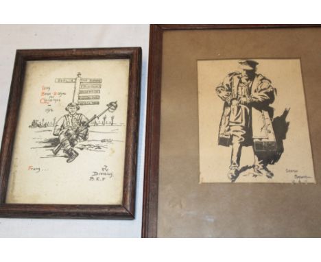 A First War pen and ink sketch of a Military Officer by Easton Bagnall dated 1917, 4½" x 3" and a 1916 BEF Christmas card fro