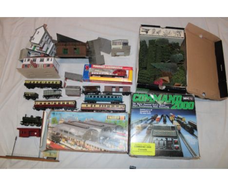A Command 2000 controller and a selection of various 00 gauge railway items including two Tri-ang coaches, an 00 gauge GWR ta