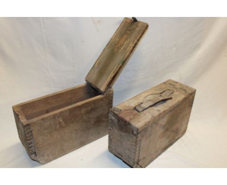 A pair of First War British stained wood and brass mounted machine gun ammunition boxes with hinged lids