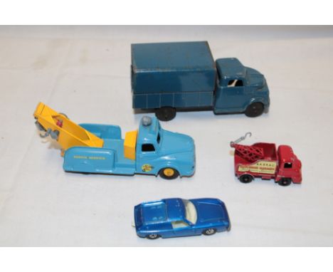 A Lone Star diecast Army truck, Budgie towing tender breakdown truck, Matchbox Thames wreck truck and one other (4)