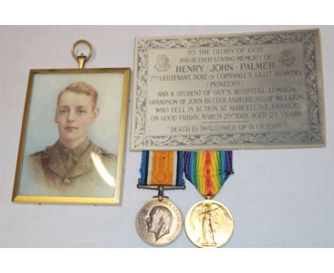A First War pair of medals awarded to Lieut,H.J. Palmer 1/5 DCLI together with original portrait miniature by Ethel Webling d
