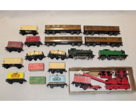Hornby Dublo - a GWR tank engine, one other repainted tank engine, four Dublo teak carriages, breakdown crane set and a selec