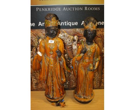 A PAIR OF LARGE CERAMIC ORIENTAL STYLE FIGURES A/F 