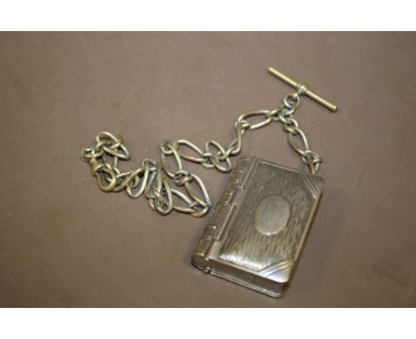 AN ANTIQUE ALBERT CHAIN WITH ATTACHED VESTA/STAMP CASE 