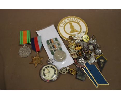 A QUANTITY OF ASSORTED BADGES, MEDALS ETC AND AN INGERSOLL POCKET WATCH