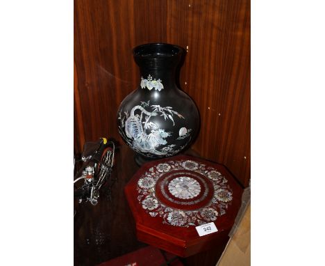 A MOTHER OF PEARL EFFECT VASE AND A LIDDED BOX