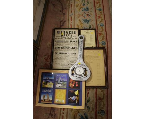 A SMALL QUANTITY OF BREWANIA ETC. TO INCLUDE A BAROMETER TOGETHER WITH A MANSELL RACES ADVERTISING POSTER 