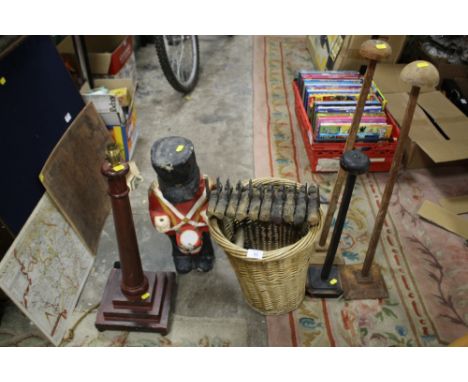 THREE OAK WIG STANDS, COLUMN LAMP AND A BASKET OF ASSORTED SUNDRIES TO INCLUDE A FOLK ART RACK, PAPIER MACHE FIGURE ETC