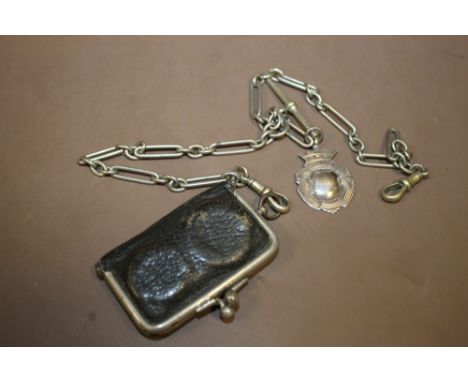 AN ANTIQUE ALBERT CHAIN WITH HALLMARKED SILVER FOB AND SOVEREIGN HOLDER 