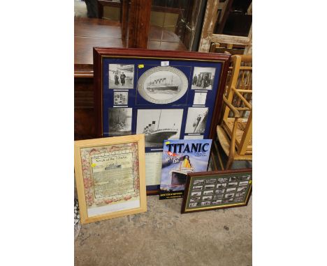 A SELECTION OF TITANIC RELATED PICTURES TO INCLUDE AN ENAMEL SIGN 