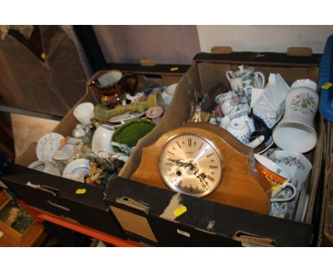 TWO TRAYS OF ASSORTED CERAMICS AND SUNDRIES TO INCLUDE A MANTLE CLOCK, AYNSLEY ETC. 