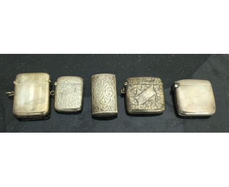 Four HM silver vesta cases; together with a Victorian snuff box