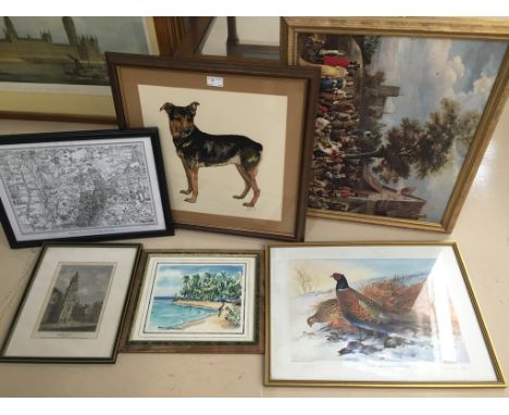 A quantity of pictures to inc a print after Teniers, watercolour study of a dog, Barbados watercolour etc 
