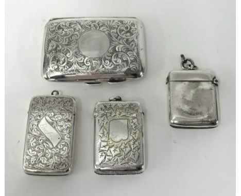 Two silver vestas, silver cigarette case and a silver plated vesta